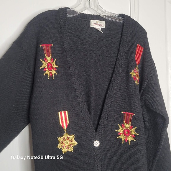 VTG. Worthington Large Sweater Cardigan button up Wool Blend Kitschy Metals BLUE - Picture 3 of 6